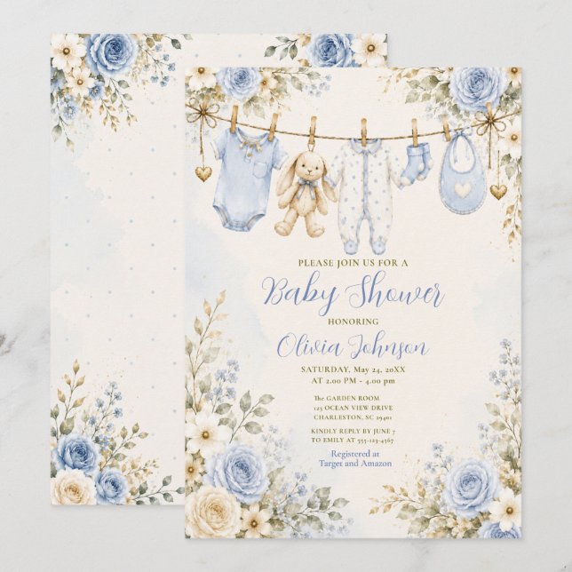 Invitation Fête de bébé Fleurs Bleues Linge de bébé Fête de b (Devant / Derrière)