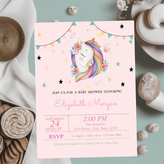 Invitation Fête de Bébé Fleurs de Licorne Mignonnes (Créateur téléchargé)