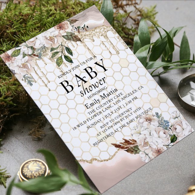 Invitation Fête de Bébé Fleurs de Marbre avec Dégoulinure de  (Créateur téléchargé)