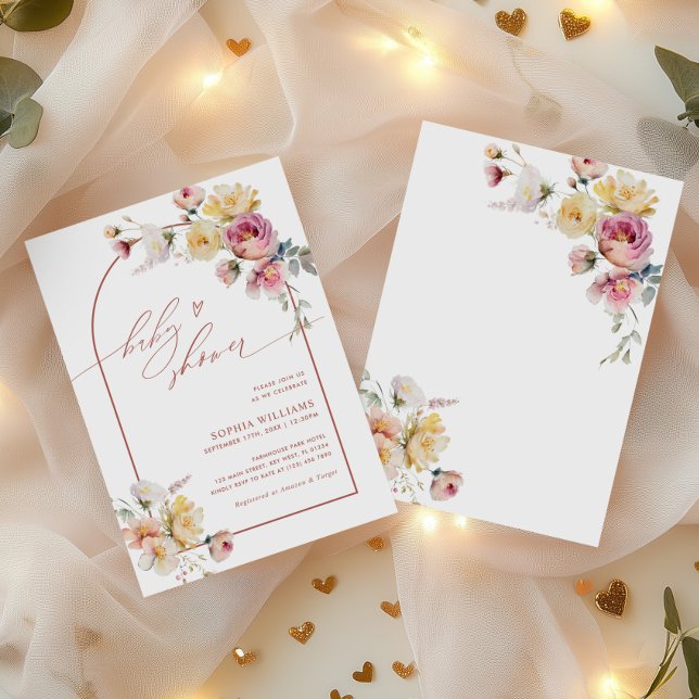 Invitation Fête de bébé Fleurs de rose de jardin Boho (Créateur téléchargé)