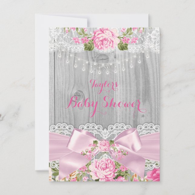 Invitation Fête de bébé Fleurs de rose en dentelle de bois ru (Devant)