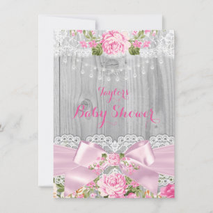 Invitation Fête de bébé Fleurs de rose en dentelle de bois ru