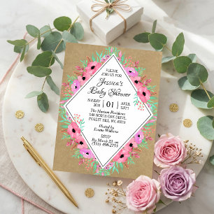 Invitation Fête de Bébé Fleurs Kraft Rustique & Aquarelle