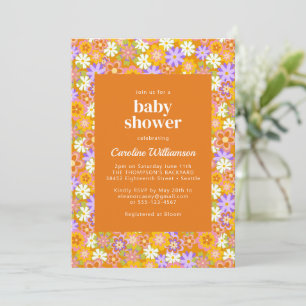 Invitation Fête de Bébé Fleurs Orange Violet Rétro