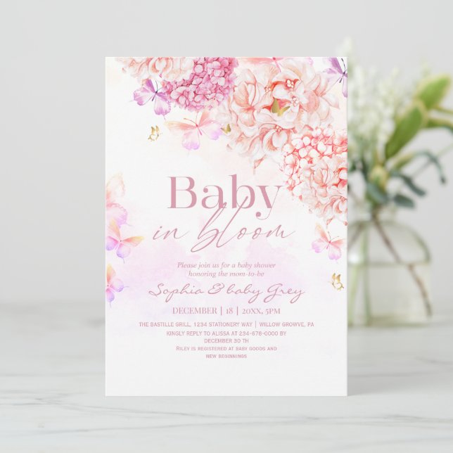 Invitation Fête de Bébé Fleurs Rose Pâle (Debout devant)