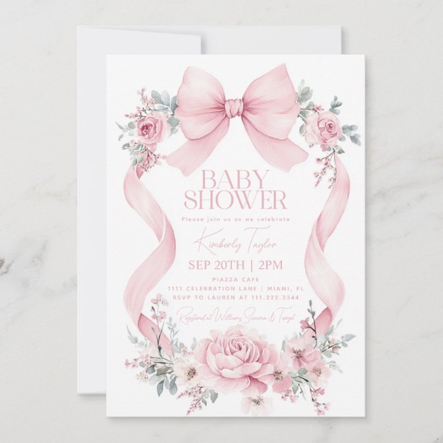 Invitation Fête de Bébé Fleurs Roses Ruban Rose Coquette (Devant)