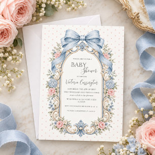 Invitation Fête de bébé fleurs roses vintage à pois