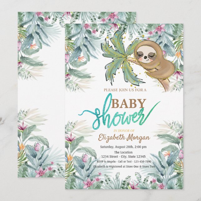 Invitation Fête de Bébé Fleurs Tropicales Paresseux Endormi (Devant / Derrière)