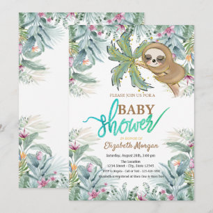 Invitation Fête de Bébé Fleurs Tropicales Paresseux Endormi