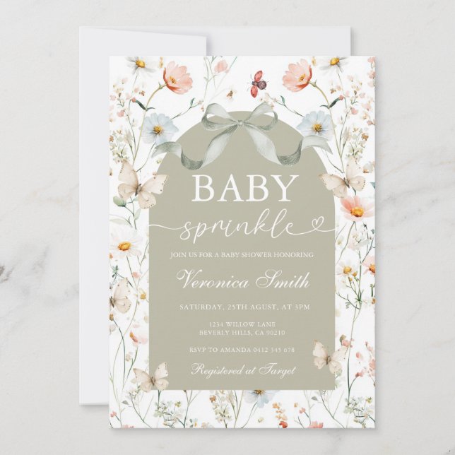 Invitation Fête de Bébé Fleurs Vert Sauge Baby Sprinkle  (Devant)
