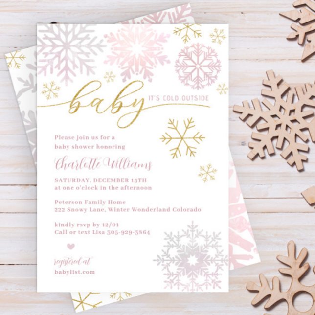 Invitation Fête de Bébé Flocon de Neige en Or Rose Hiver (Baby Girl Winter Shower Invitation in faux Glitter Gold and Blush Pink)