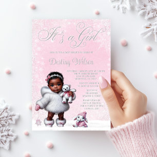 Invitation Fête de Bébé Flocon de Neige Rose Merveilleuse Hiv
