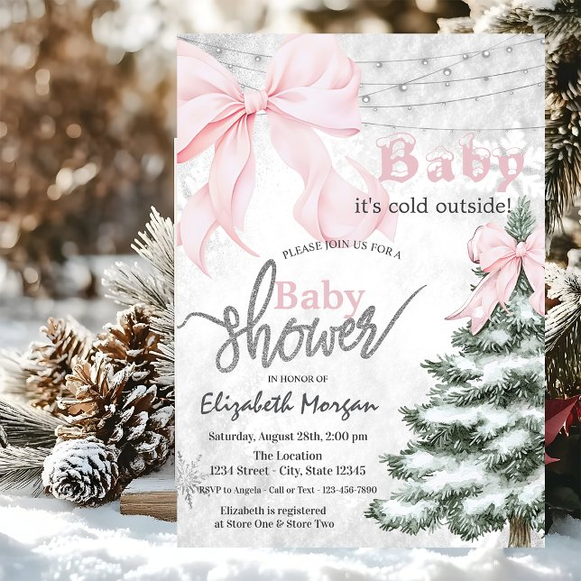 Invitation Fête de bébé Flocons de neige Ruban rose Arbre à p (Créateur téléchargé)