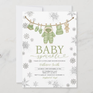 Invitation Fête de Bébé Flocons de Neige Vert Poussiéreux d'H
