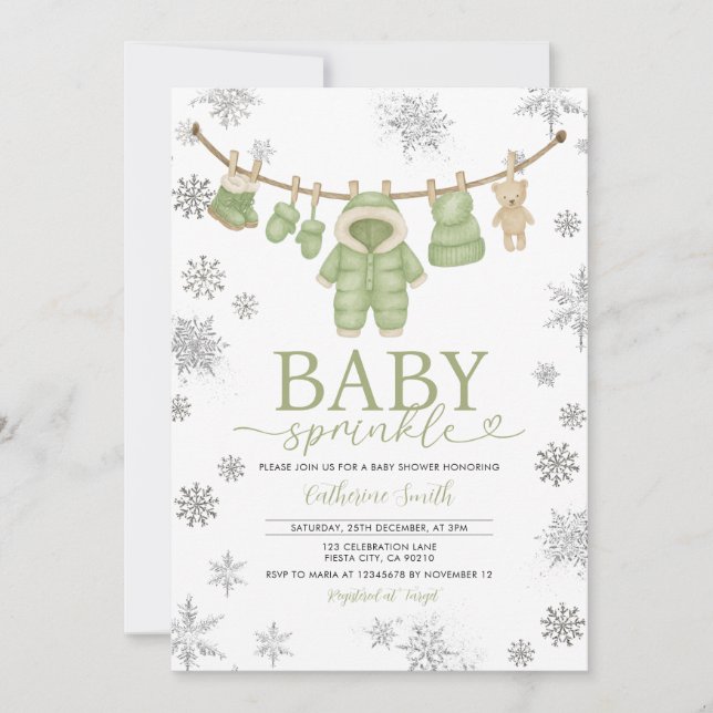 Invitation Fête de Bébé Flocons de Neige Vert Poussiéreux d'H (Devant)