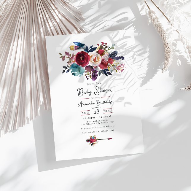 Invitation Fête de Bébé Floral Bohème Bourguignon Rustique (Rustic Burgundy Boho Floral Baby Shower Invitation)
