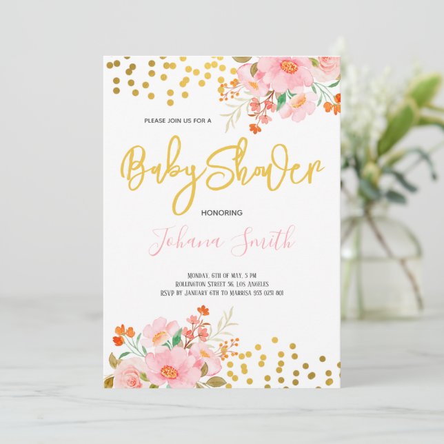 Invitation Fête de bébé Floral Doré Printemps Été  (Debout devant)