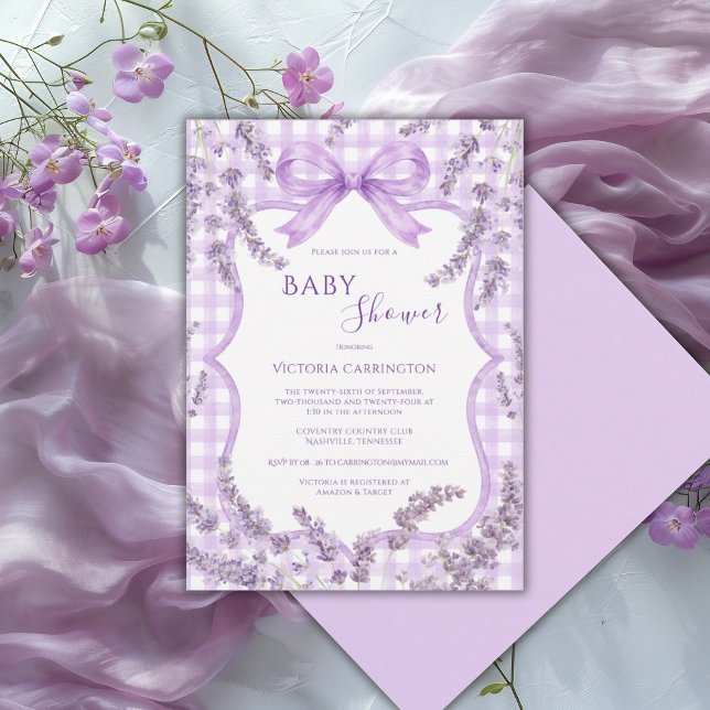 Invitation Fête de Bébé Floral Fantaisiste Gingham Blanc Viol (Créateur téléchargé)