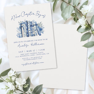 Invitation Fête de bébé Floral Livre Nouveau Chapitre Bleu