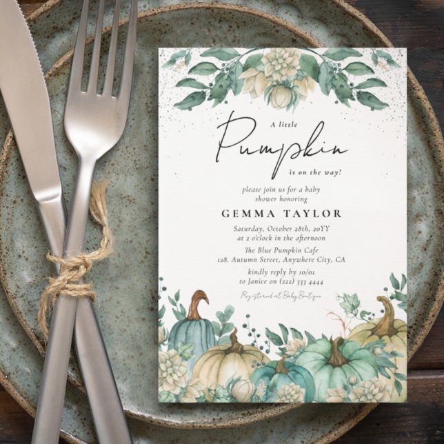 Invitation Fête de bébé florale aquarelle Citrouille sarcelle (Créateur téléchargé)