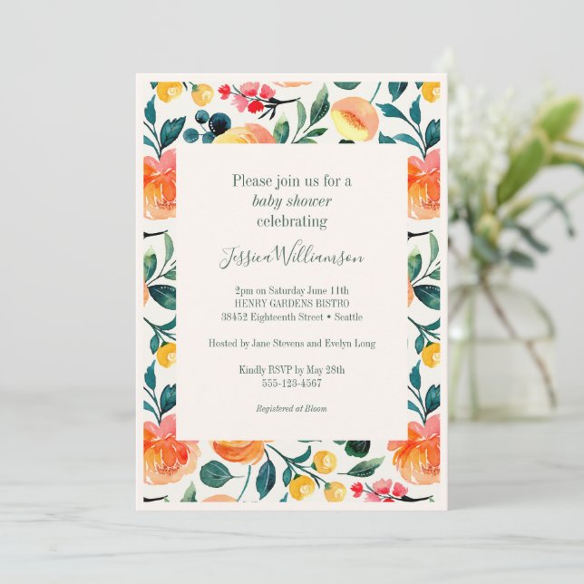 Invitation Fête de bébé florale aquarelle pêche orange printe (Debout devant)
