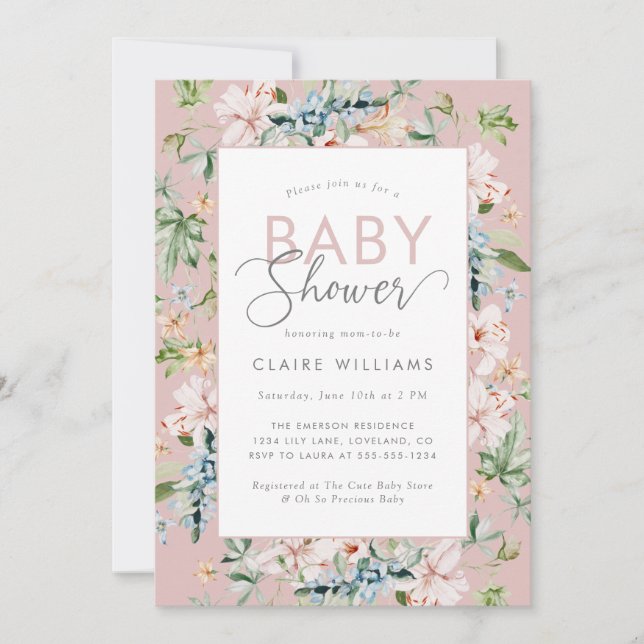 Invitation Fête de bébé florale aquarelle rose (Devant)