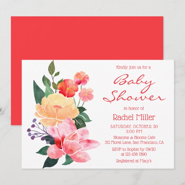 Invitation Fête de bébé florale aquarelle rouge corail (Devant / Derrière)