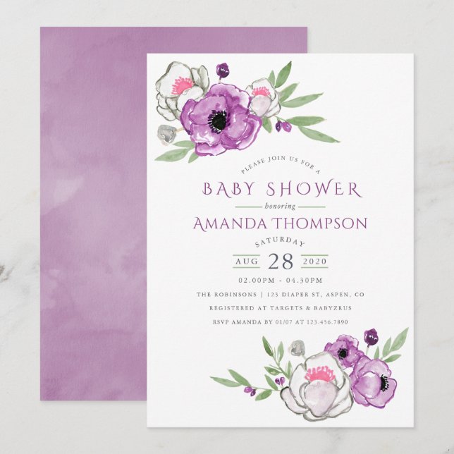 Invitation Fête de bébé florale aquarelle violette et sauge (Devant / Derrière)