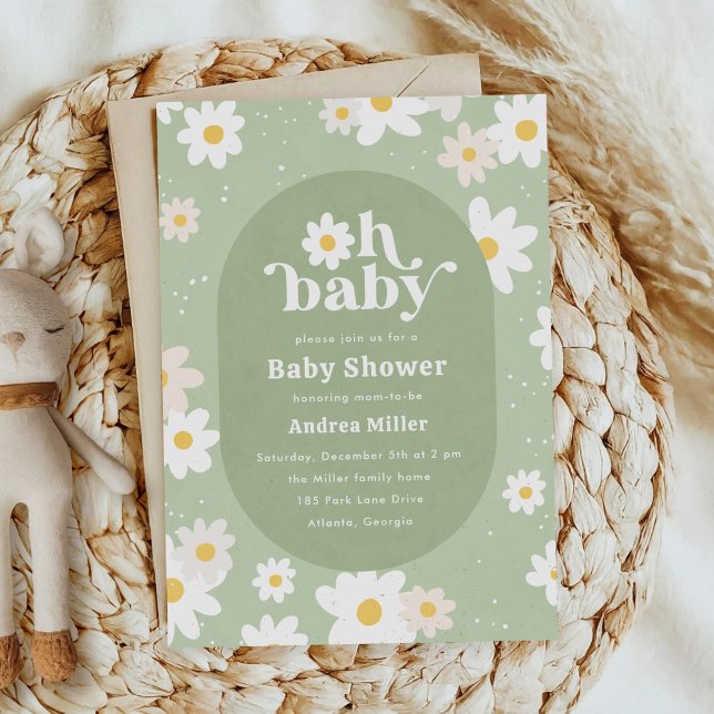Invitation Fête de bébé florale aux marguerites de printemps  (sage green daisies baby shower invitation)