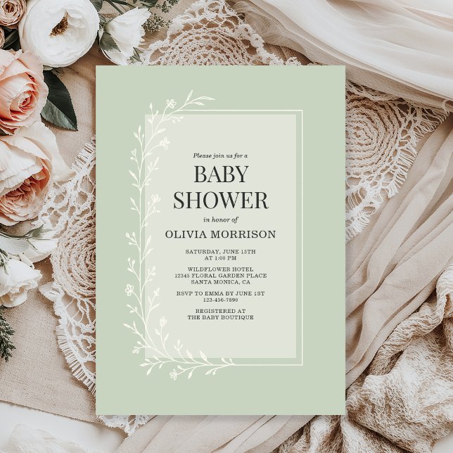 Invitation Fête de bébé florale botanique vert sauge (Créateur téléchargé)