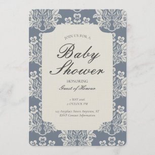 Invitation Fête de bébé florale damassée vintage bleu beige