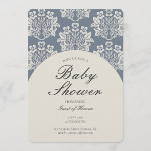 Invitation Fête de bébé florale damassée vintage bleu beige