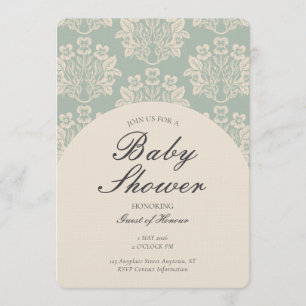 Invitation Fête de bébé florale damassée vintage cyan beige