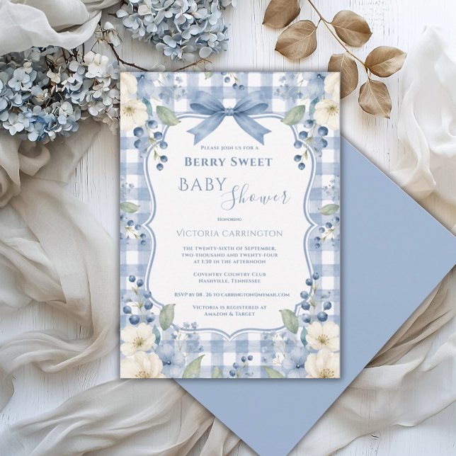 Invitation Fête de Bébé Florale Douce Baie à Carreaux Bleus B (Créateur téléchargé)