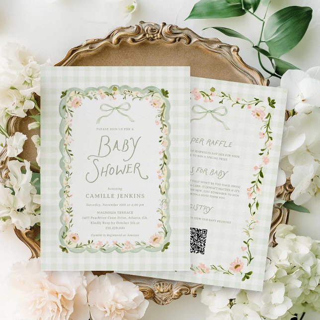 Invitation Fête de Bébé Florale en Vichy Vert Tout-en-Un (Green Gingham and Bow Floral Baby Shower Invitation)