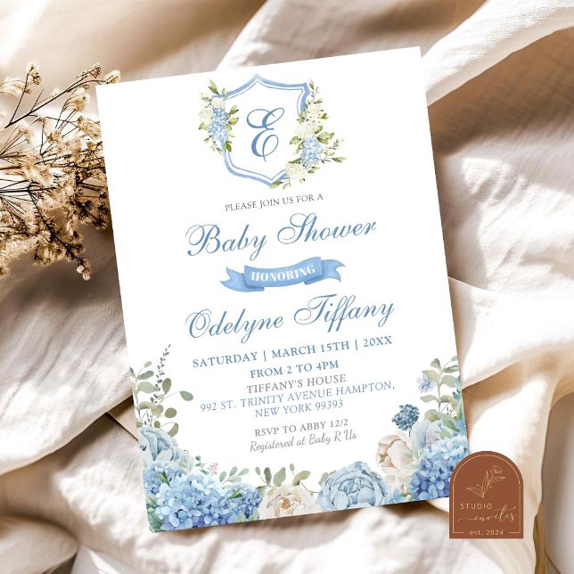 Invitation Fête de bébé florale Hydrangea Crête Bleu Poussiér (Créateur téléchargé)