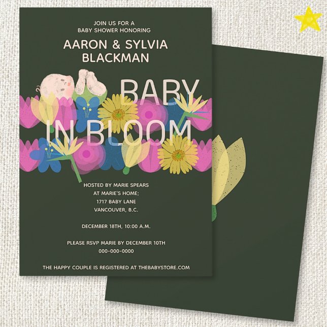 Invitation Fête de bébé florale moderne avec impression Riso  (Créateur téléchargé)