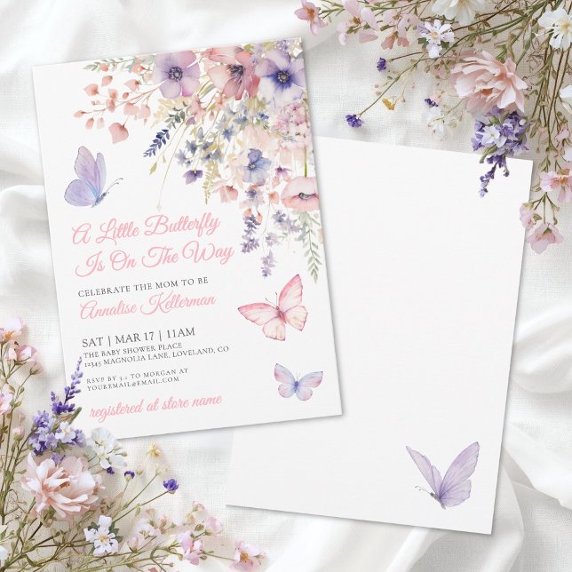 Invitation Fête de bébé florale papillon rose violet (A Little Butterfly Wildflower Baby Shower Invitation)