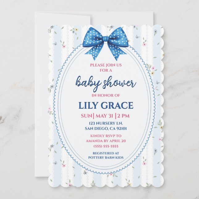 Invitation Fête de bébé florale pastel avec ruban bleu  (Devant)
