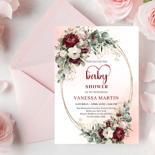 Invitation Fête de bébé florale romantique boho bordeaux et o (Romantic Burgundy and Gold Baby Shower Floral Invitation)