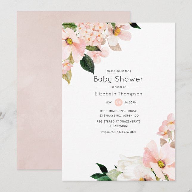 Invitation Fête de bébé florale rose pastel aquarelle (Devant / Derrière)