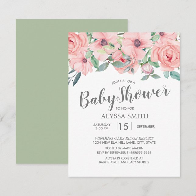 Invitation Fête de bébé florale rose saumon et vert sauge (Devant / Derrière)