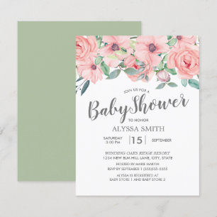 Invitation Fête de bébé florale rose saumon et vert sauge