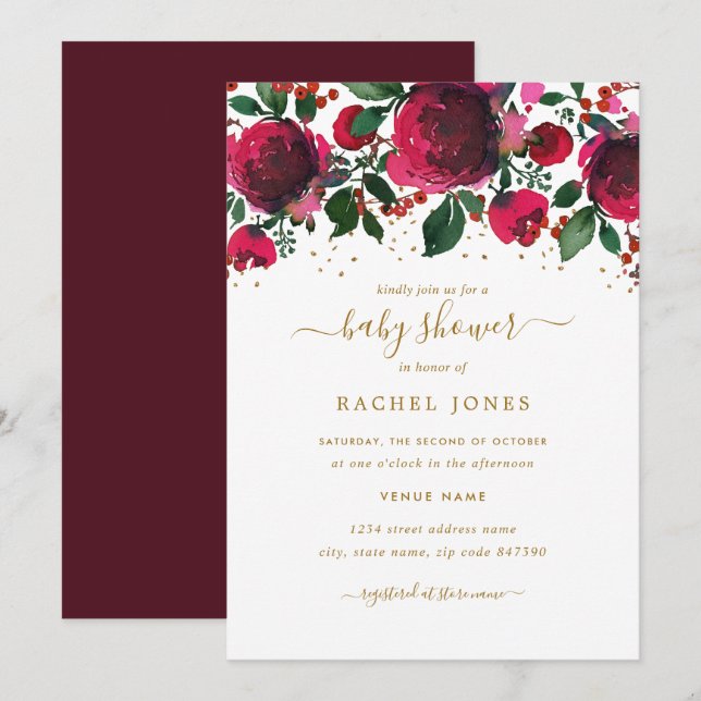 Invitation Fête de bébé florale rouge bordeaux or (Devant / Derrière)