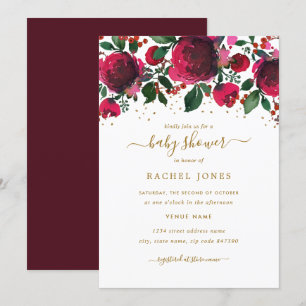 Invitation Fête de bébé florale rouge bordeaux or