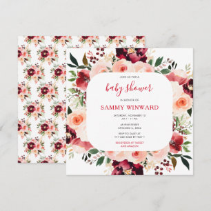 Invitation Fête de bébé florale rouge Bourgogne et rose tendr