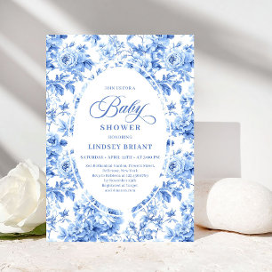 Invitation Fête de bébé florale Toile de Jouy bleu royal raff