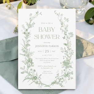 Invitation Fête de Bébé Florale Toile Vert Sauge