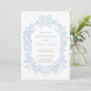 Invitation Fête de Bébé Florale Vintage Ruban Toile Bleue Coq