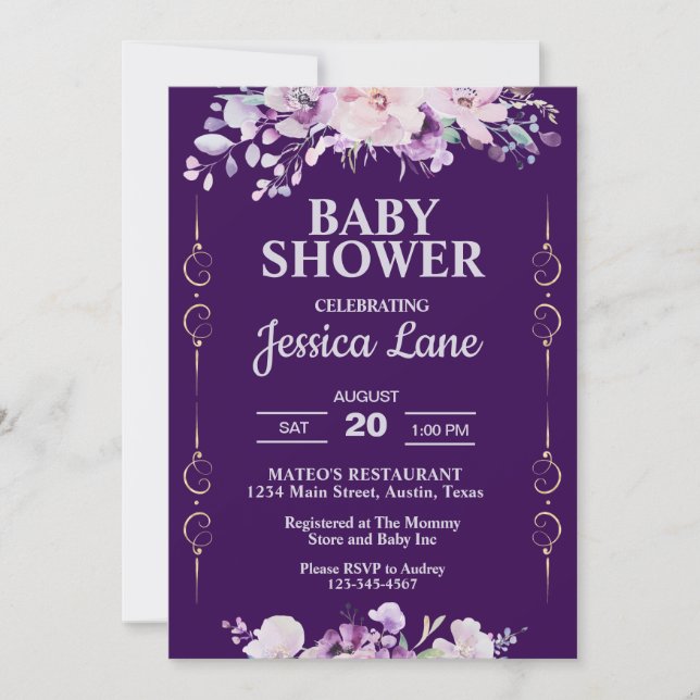 Invitation Fête de bébé florale violet foncé (Devant)